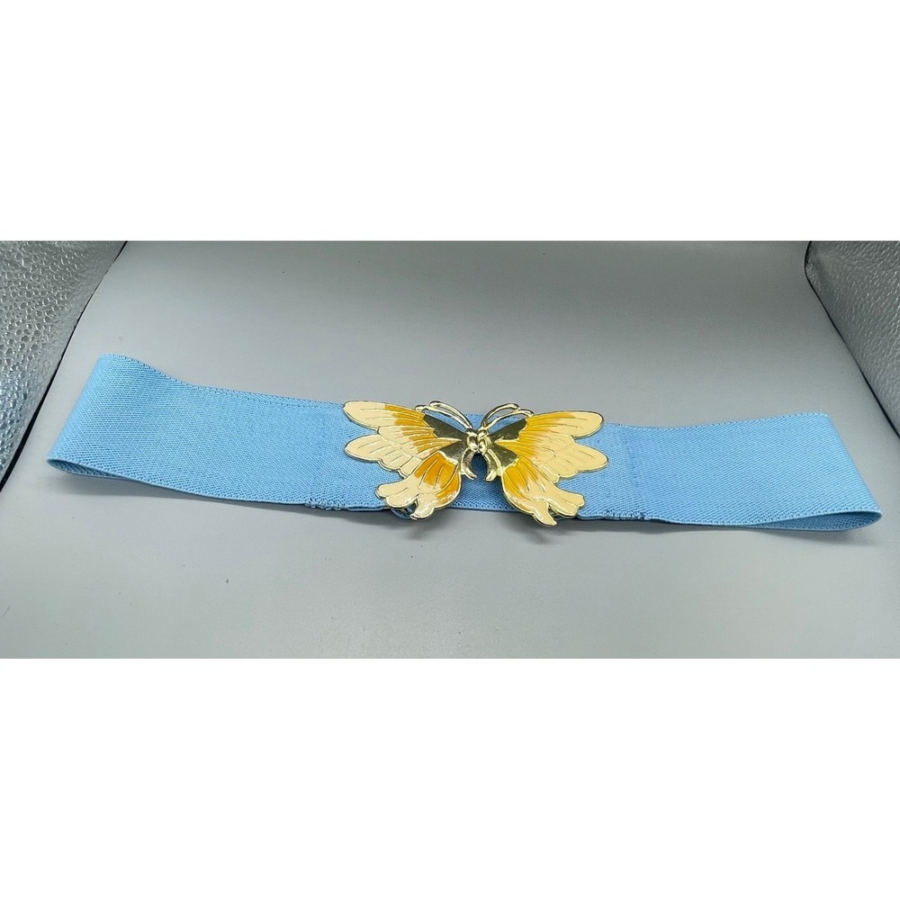 Vintage Blue Elastic Cinch Belt Gold Butterfly Enamel Buckle Wide Stretchy